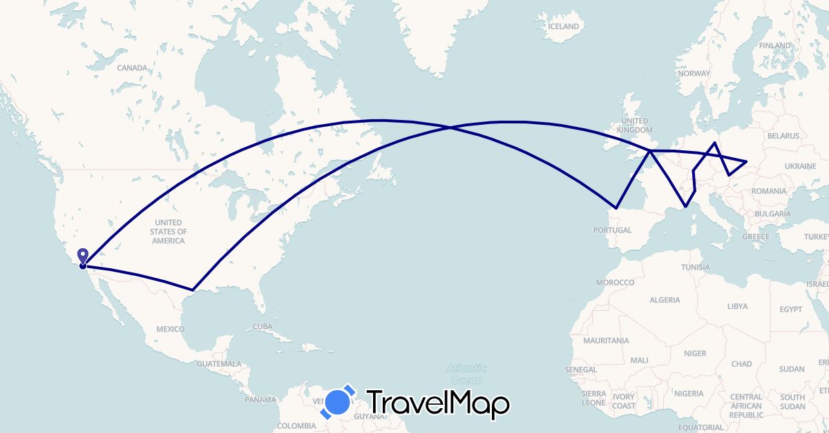 TravelMap itinerary: driving in Austria, Germany, Spain, France, United Kingdom, Italy, Monaco, Poland, United States (Europe, North America)